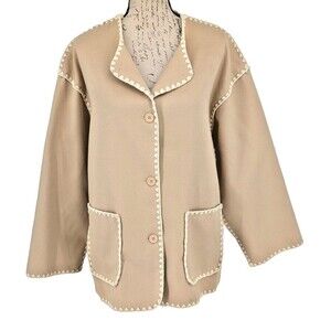 Scandi Girl Jacket Tan Wool? Cream Edge Stitching Boxy 44" Bust